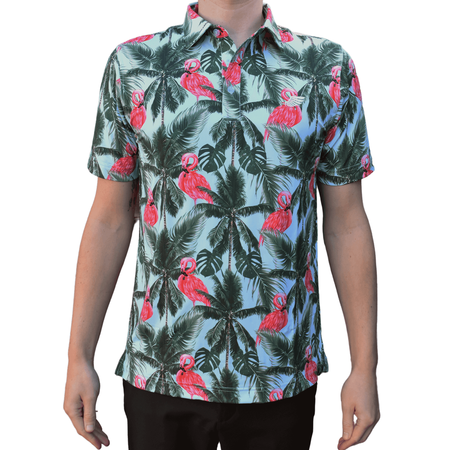 Male Model Wearing El Flamenco Flamingo Swing Golf Polo