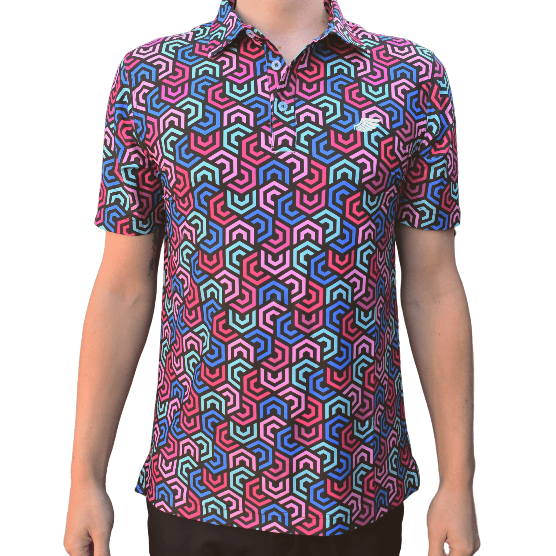 Male Model Wearing Geometric Swirl Swing Golf Polo