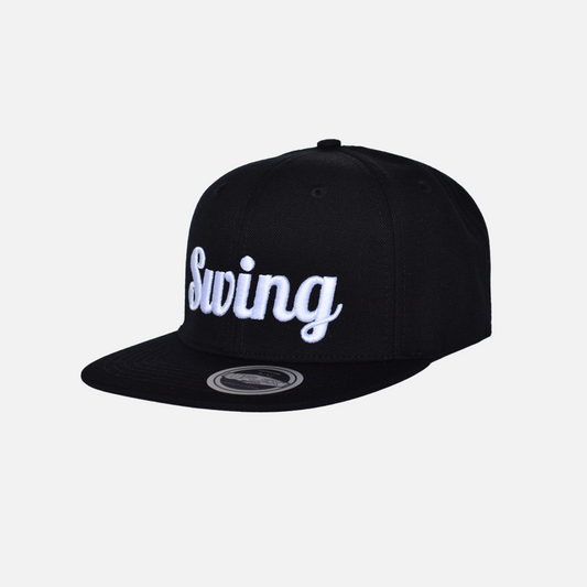 Side close up of Swing Golf Apparel black snap back cap with Puff Embroidery